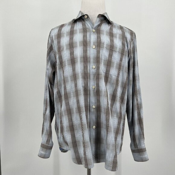 Tommy Bahama Mens Long Sleeve Button-Up Shirt M/M 100% Cotton Brown & Blue Plaid - Picture 2 of 9